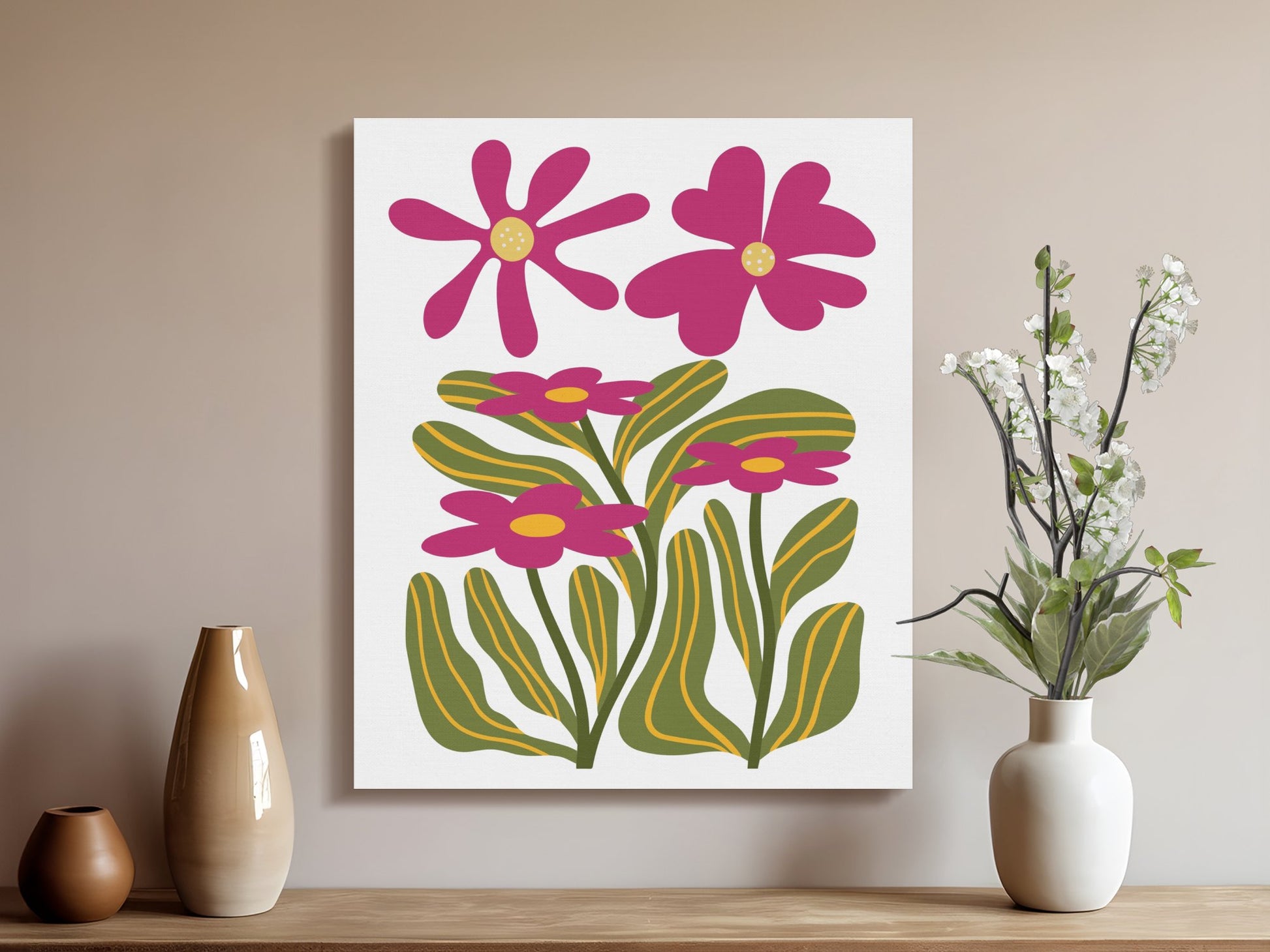 Premium Poster of Pink Flowers With Green Leaves Canvas Wraps