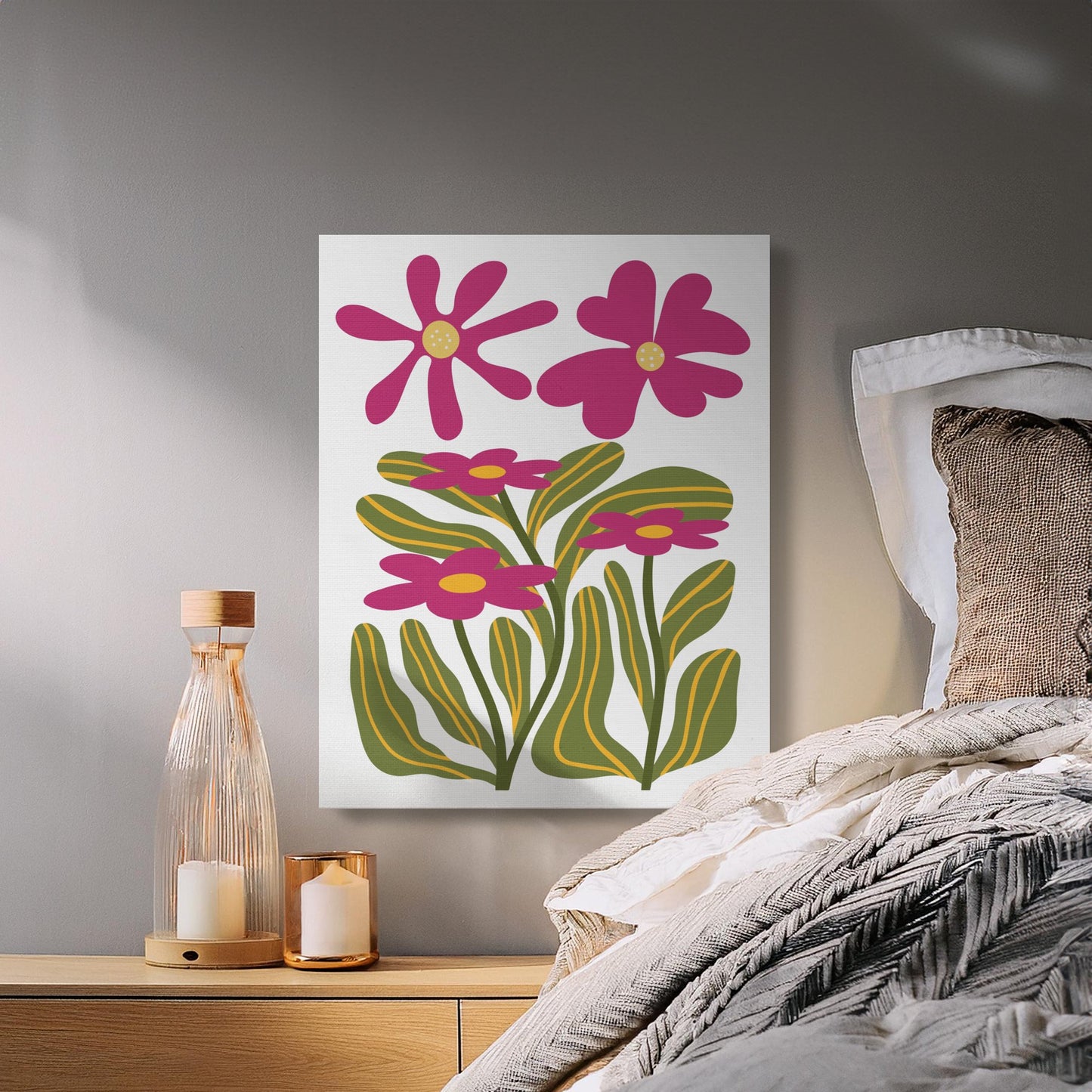 Premium Poster of Pink Flowers With Green Leaves Canvas Wraps
