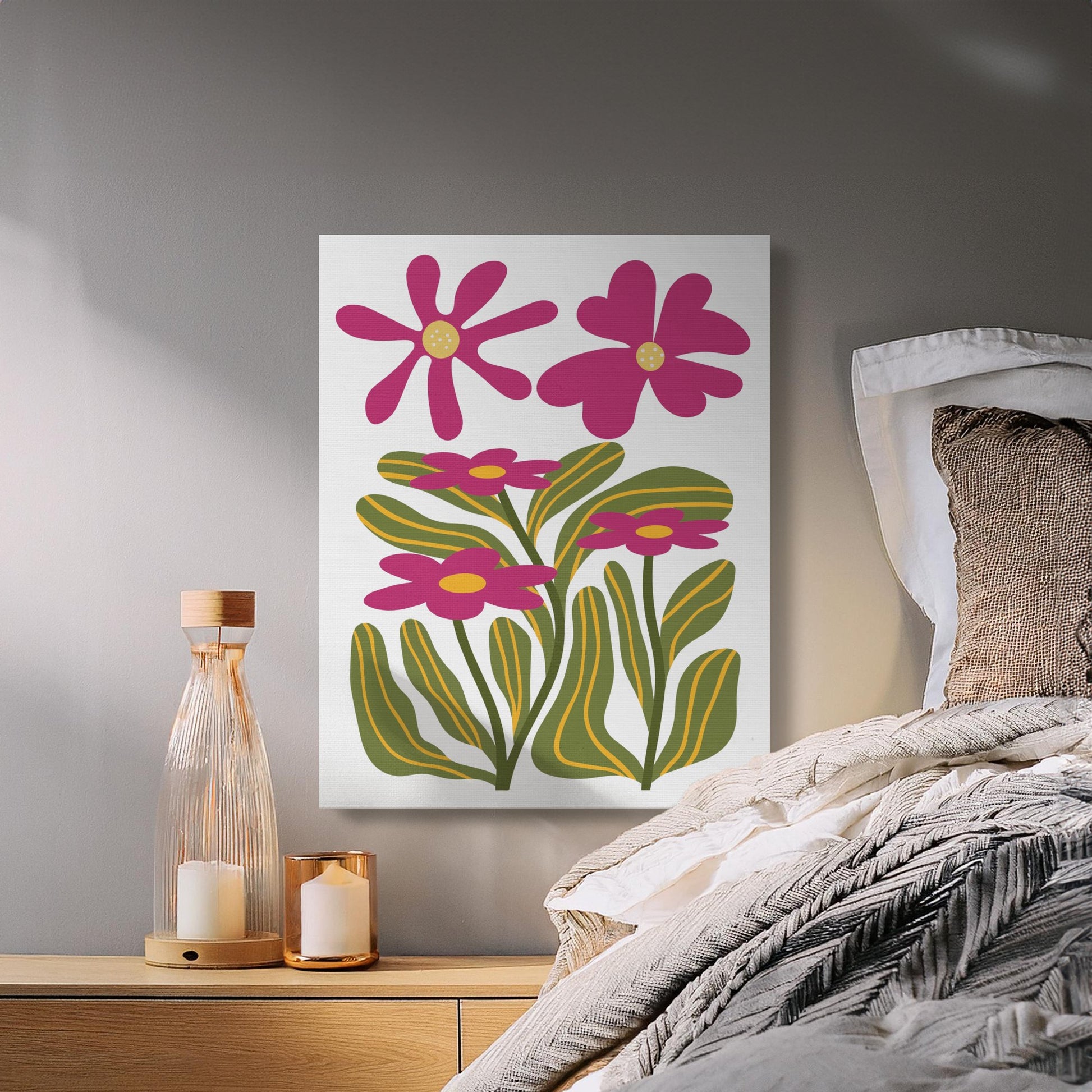 Premium Poster of Pink Flowers With Green Leaves Canvas Wraps