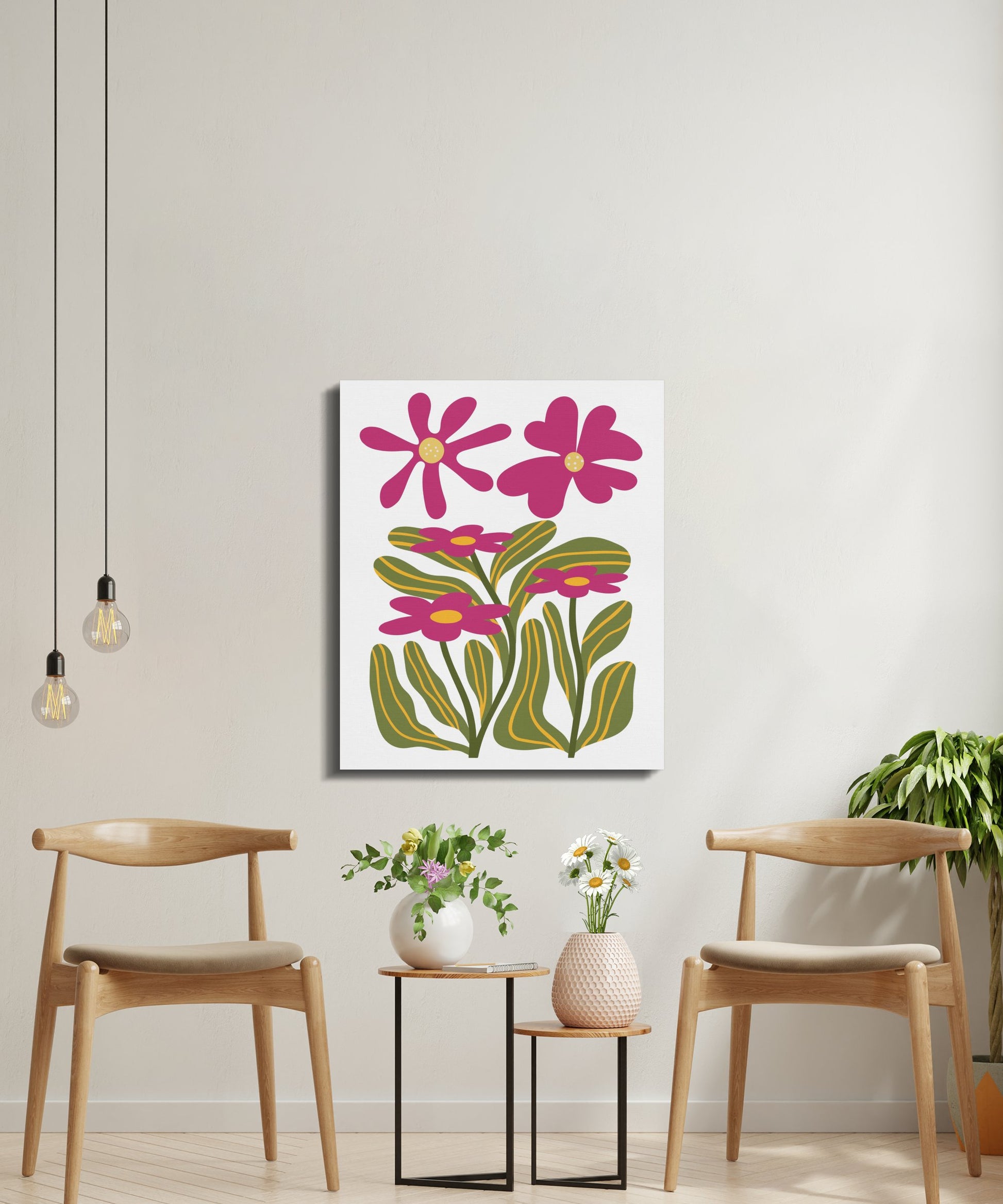 Premium Poster of Pink Flowers With Green Leaves Canvas Wraps