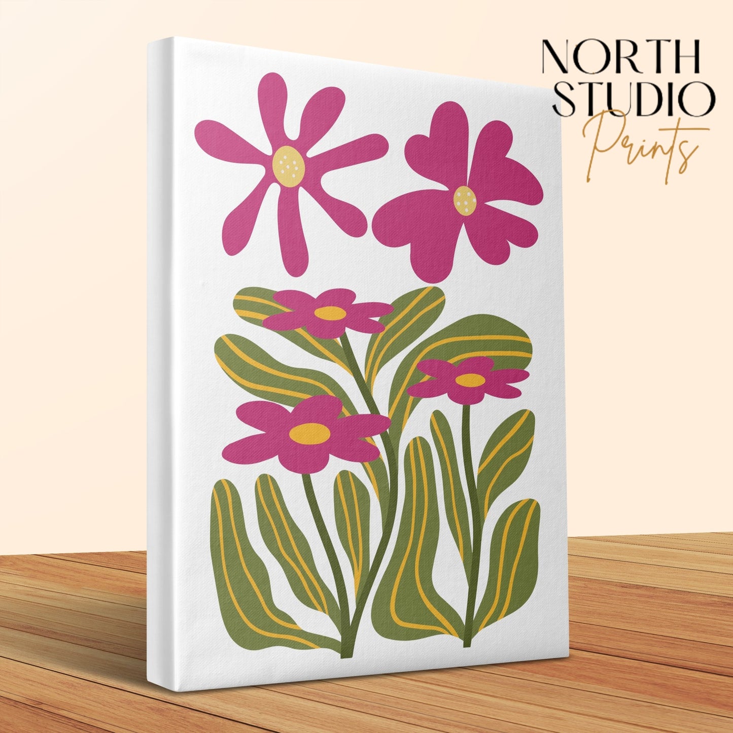 Premium Poster of Pink Flowers With Green Leaves Canvas Wraps
