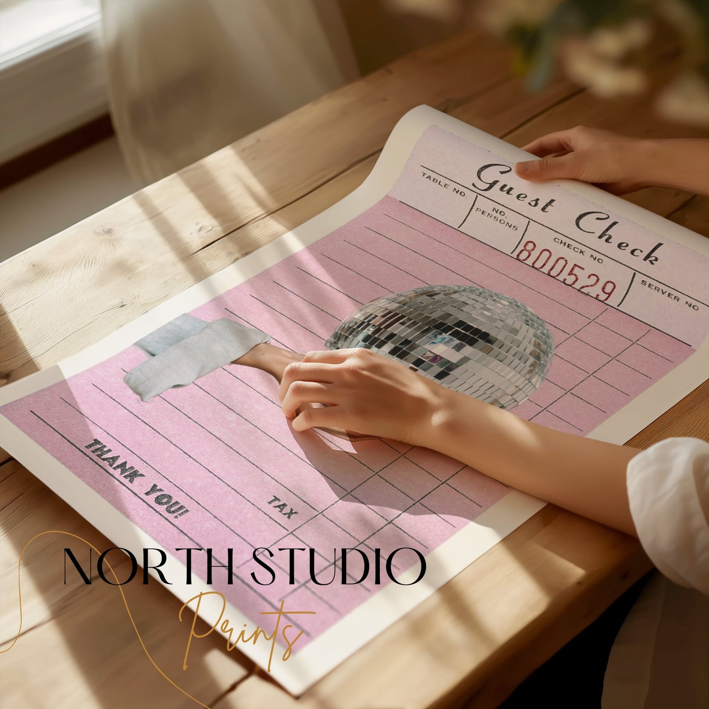Premium Poster of Pink Guest Check with Hand Holding Disco Ball Posters