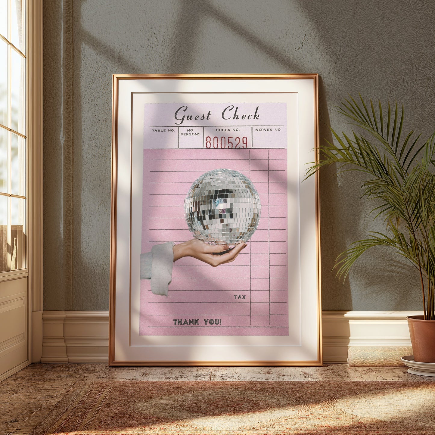 Premium Poster of Pink Guest Check with Hand Holding Disco Ball Posters