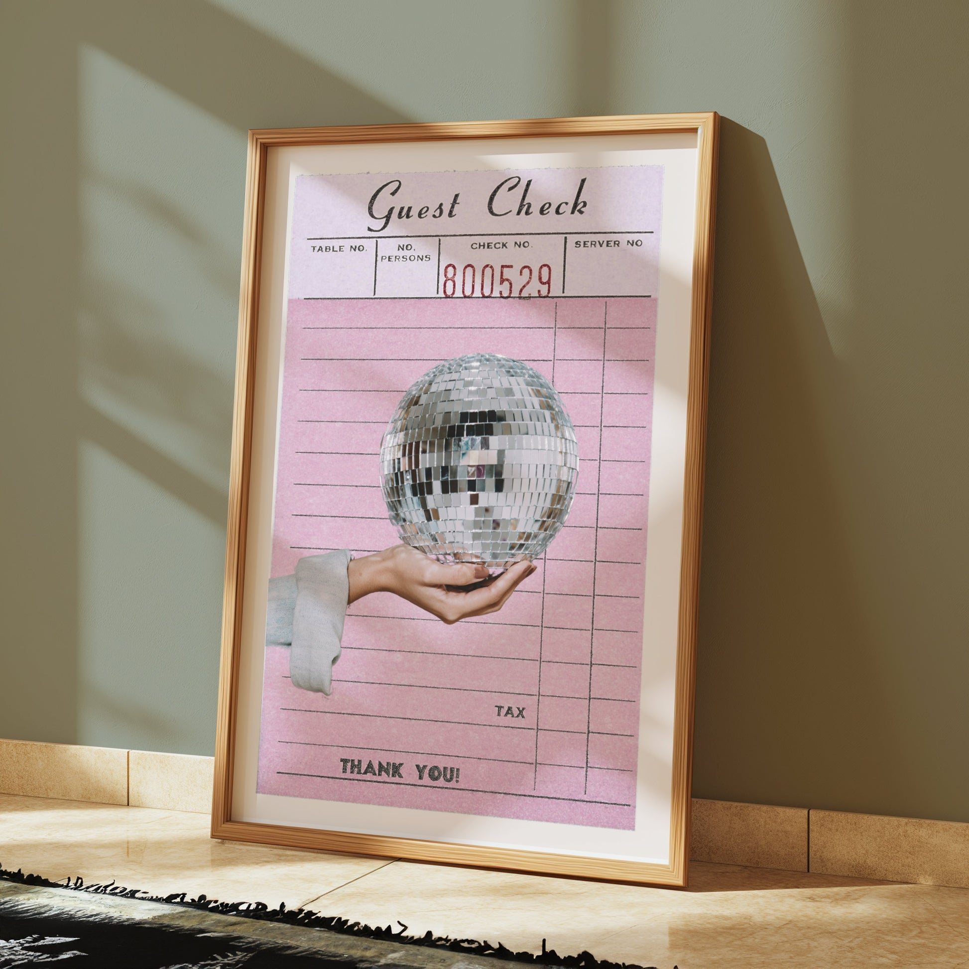 Premium Poster of Pink Guest Check with Hand Holding Disco Ball Posters