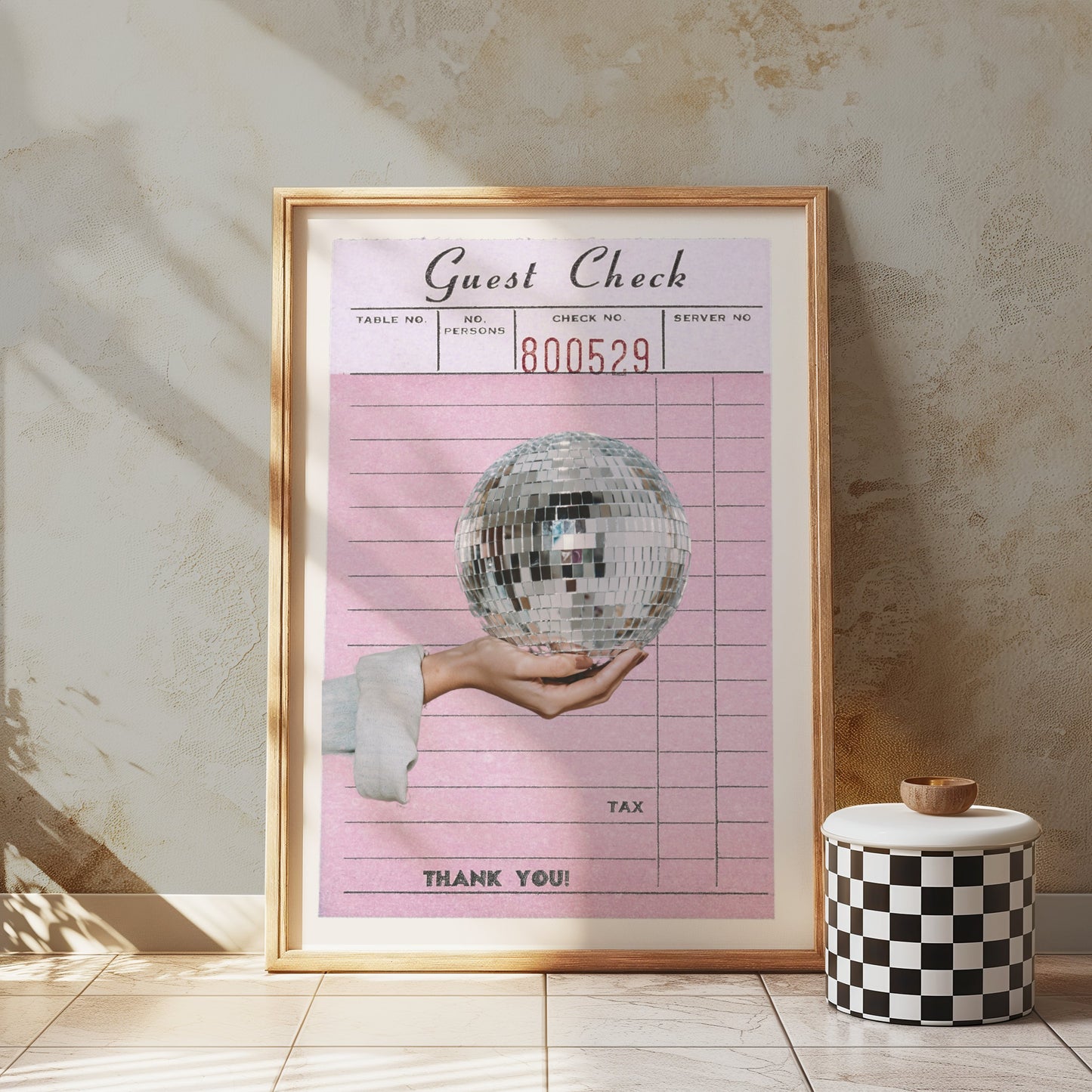 Premium Poster of Pink Guest Check with Hand Holding Disco Ball Posters