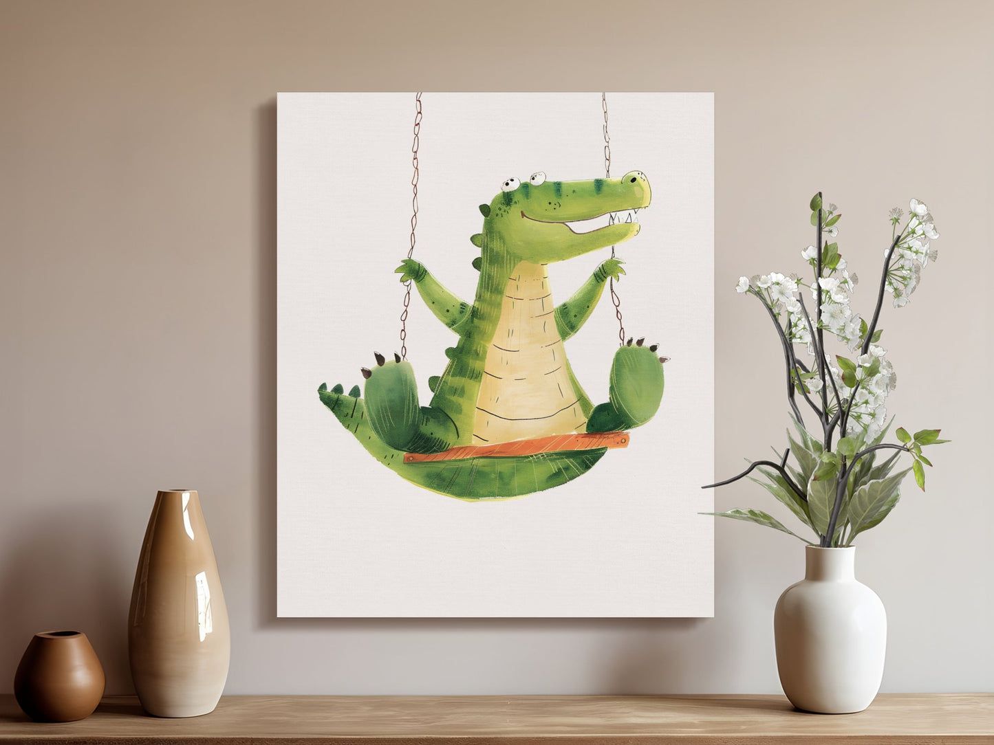 Premium Poster of Playful Crocodile on Swing Nursery Wall Art Canvas Wraps
