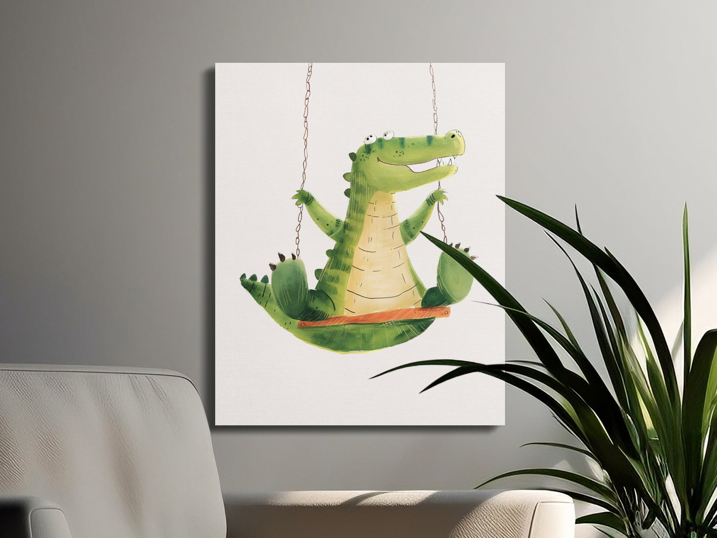 Premium Poster of Playful Crocodile on Swing Nursery Wall Art Canvas Wraps