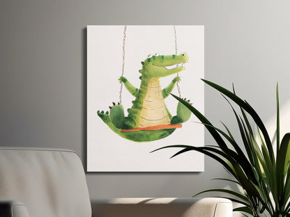 Premium Poster of Playful Crocodile on Swing Nursery Wall Art Canvas Wraps