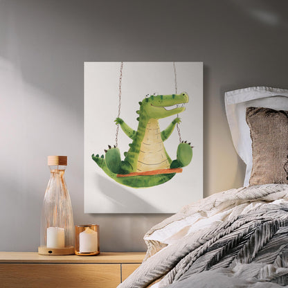 Premium Poster of Playful Crocodile on Swing Nursery Wall Art Canvas Wraps