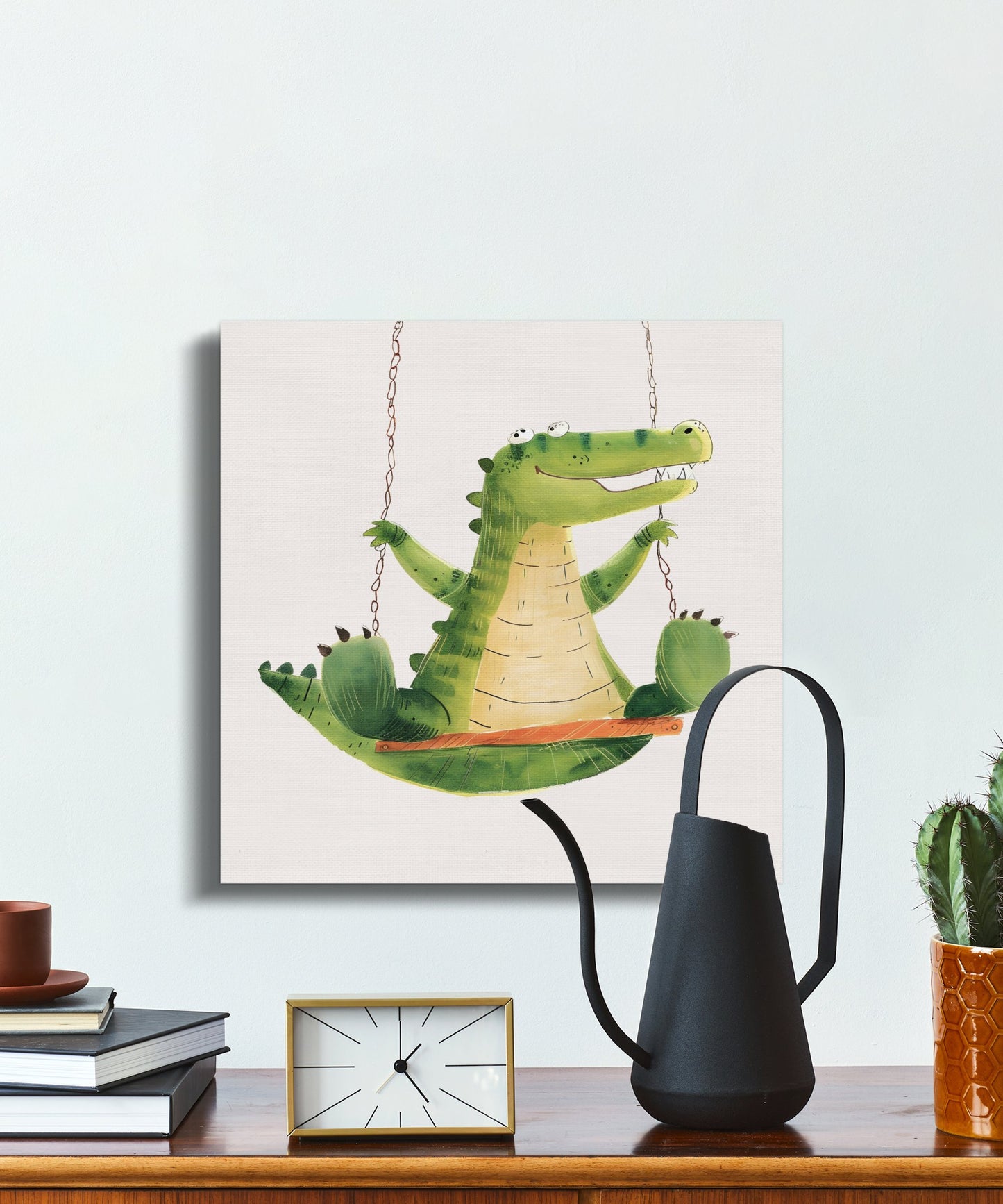 Premium Poster of Playful Crocodile on Swing Nursery Wall Art Canvas Wraps