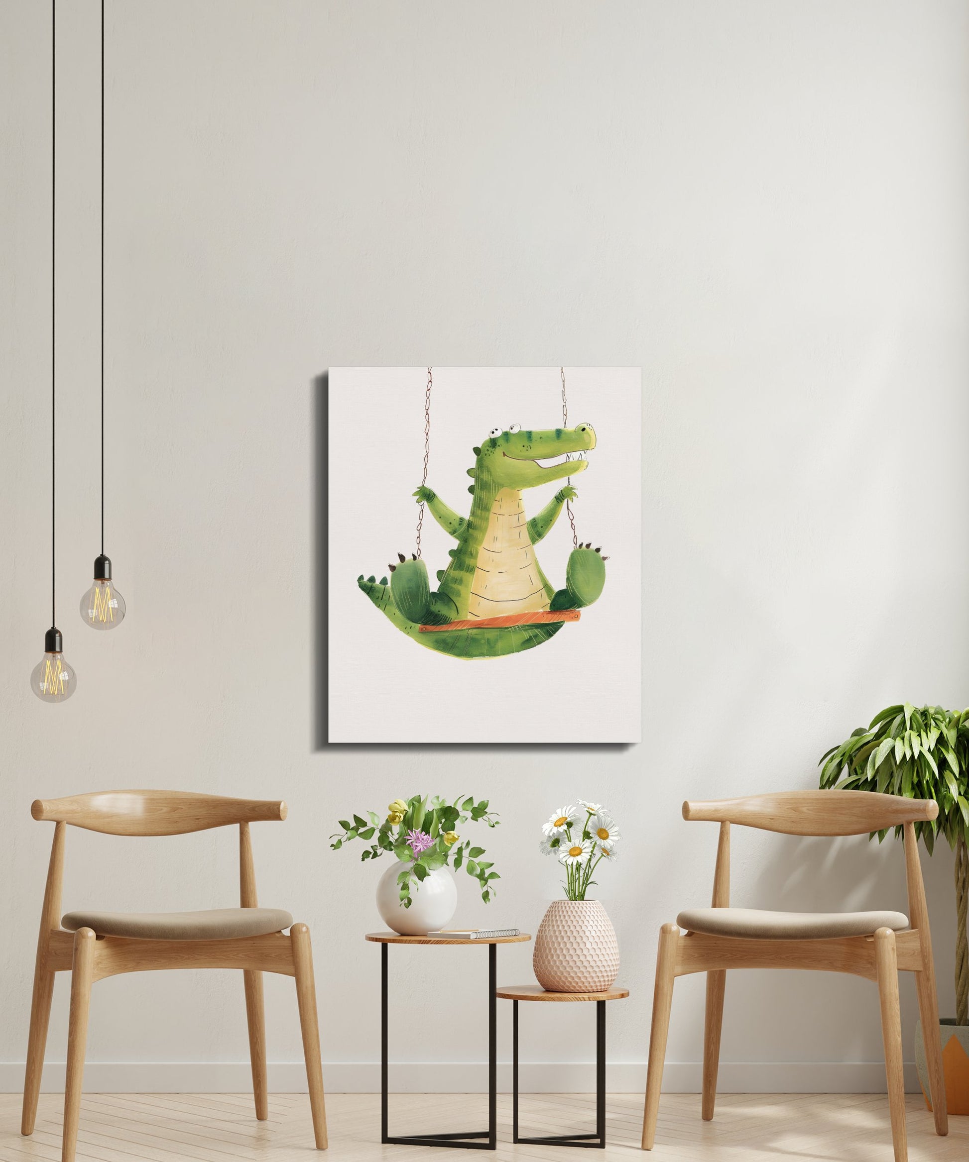 Premium Poster of Playful Crocodile on Swing Nursery Wall Art Canvas Wraps