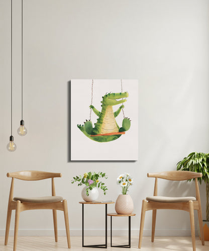Premium Poster of Playful Crocodile on Swing Nursery Wall Art Canvas Wraps