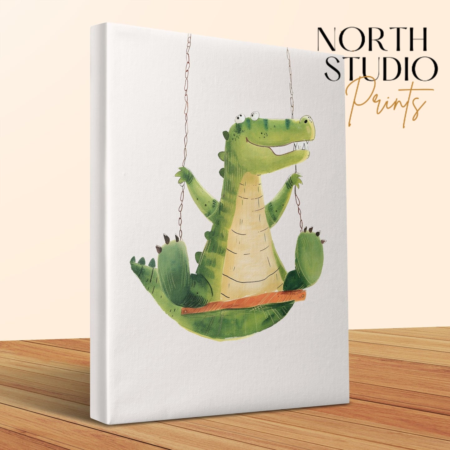 Premium Poster of Playful Crocodile on Swing Nursery Wall Art Canvas Wraps