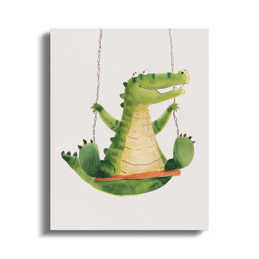 Premium Poster of Playful Crocodile on Swing Nursery Wall Art Canvas Wraps