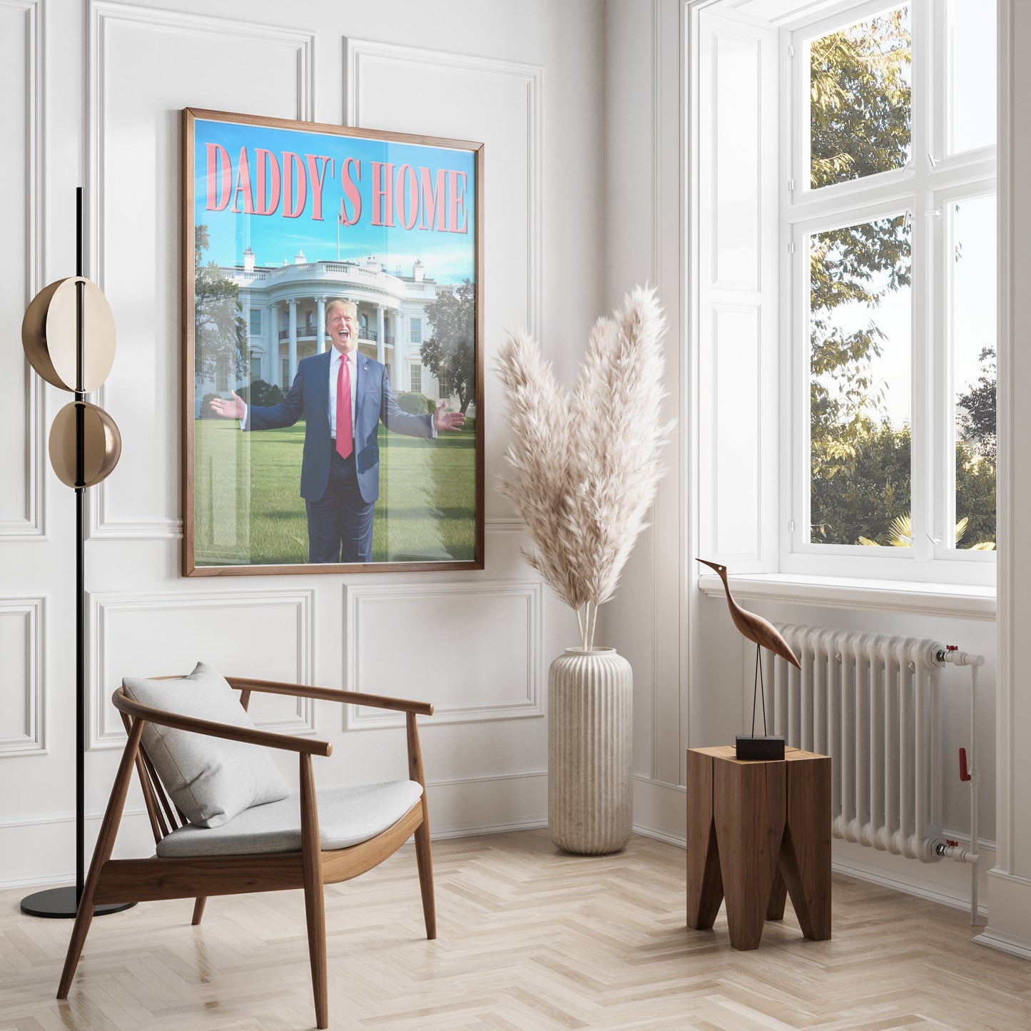 Large framed President Donald Trump Daddy's Home poster styled in a bright, elegant living room, ideal for fans of political satire and unique wall art.