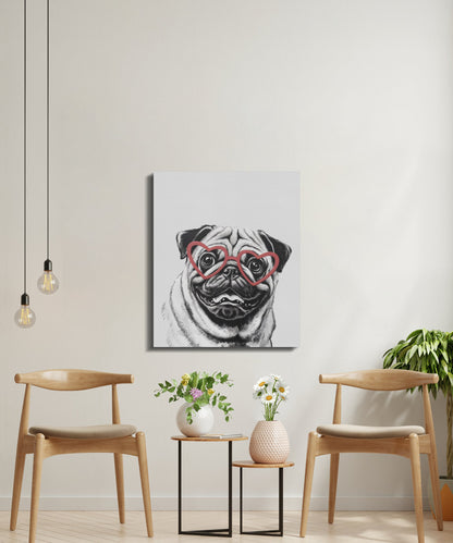 Premium Poster of Pug Dog Sketch Wearing Heart Glasses Wall Art Canvas Wraps