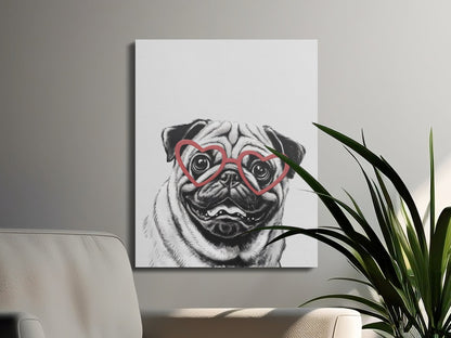Premium Poster of Pug Dog Sketch Wearing Heart Glasses Wall Art Canvas Wraps