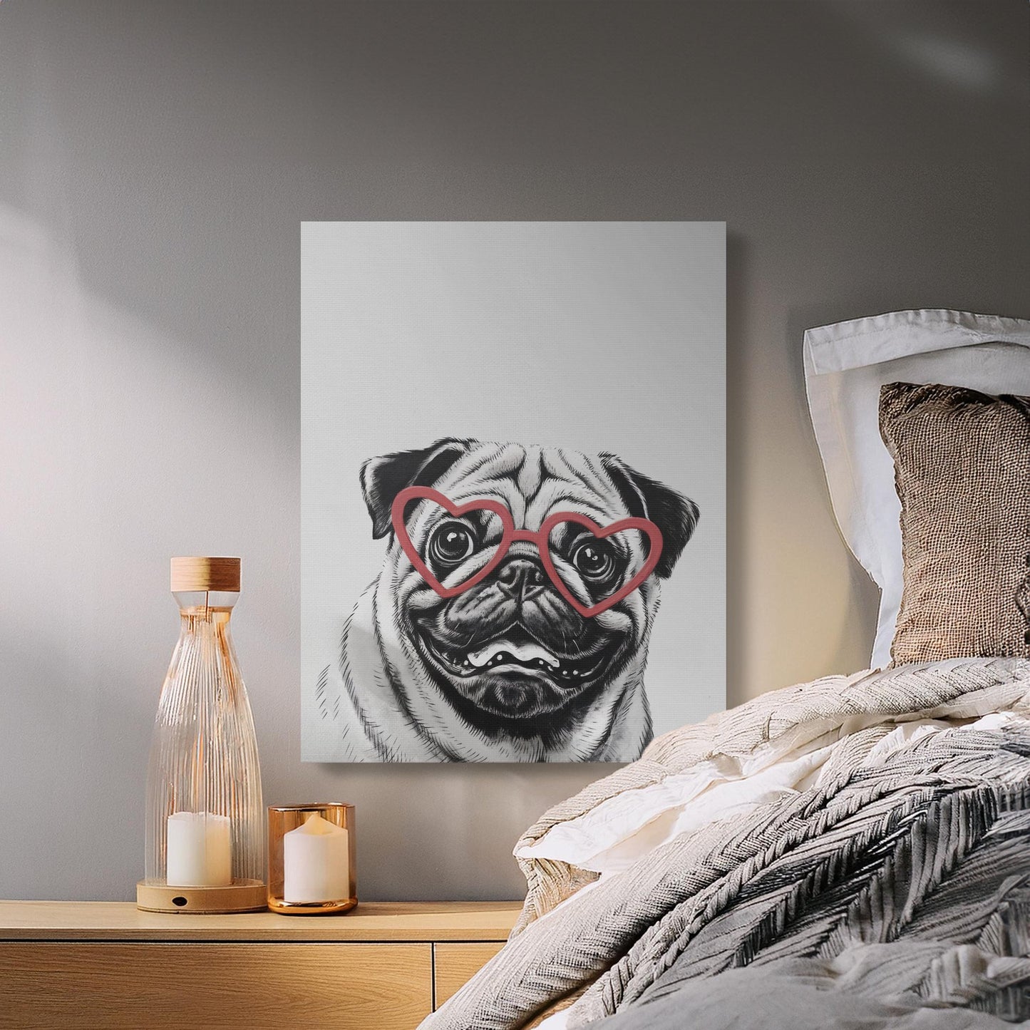 Premium Poster of Pug Dog Sketch Wearing Heart Glasses Wall Art Canvas Wraps