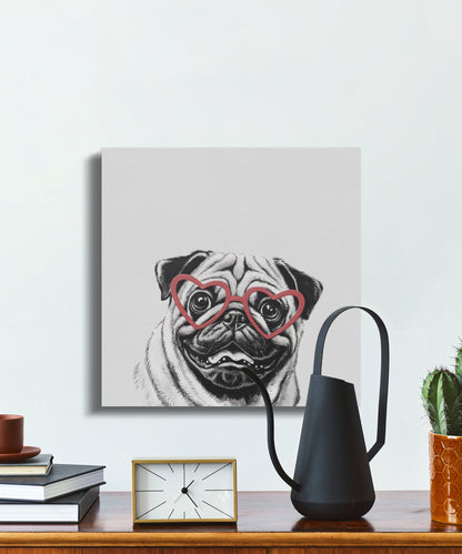Premium Poster of Pug Dog Sketch Wearing Heart Glasses Wall Art Canvas Wraps