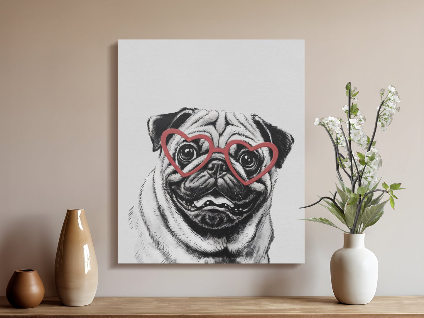 Premium Poster of Pug Dog Sketch Wearing Heart Glasses Wall Art Canvas Wraps