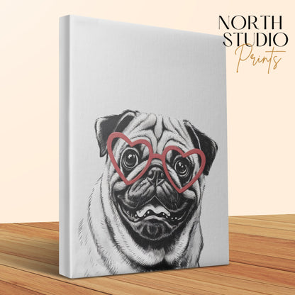 Premium Poster of Pug Dog Sketch Wearing Heart Glasses Wall Art Canvas Wraps