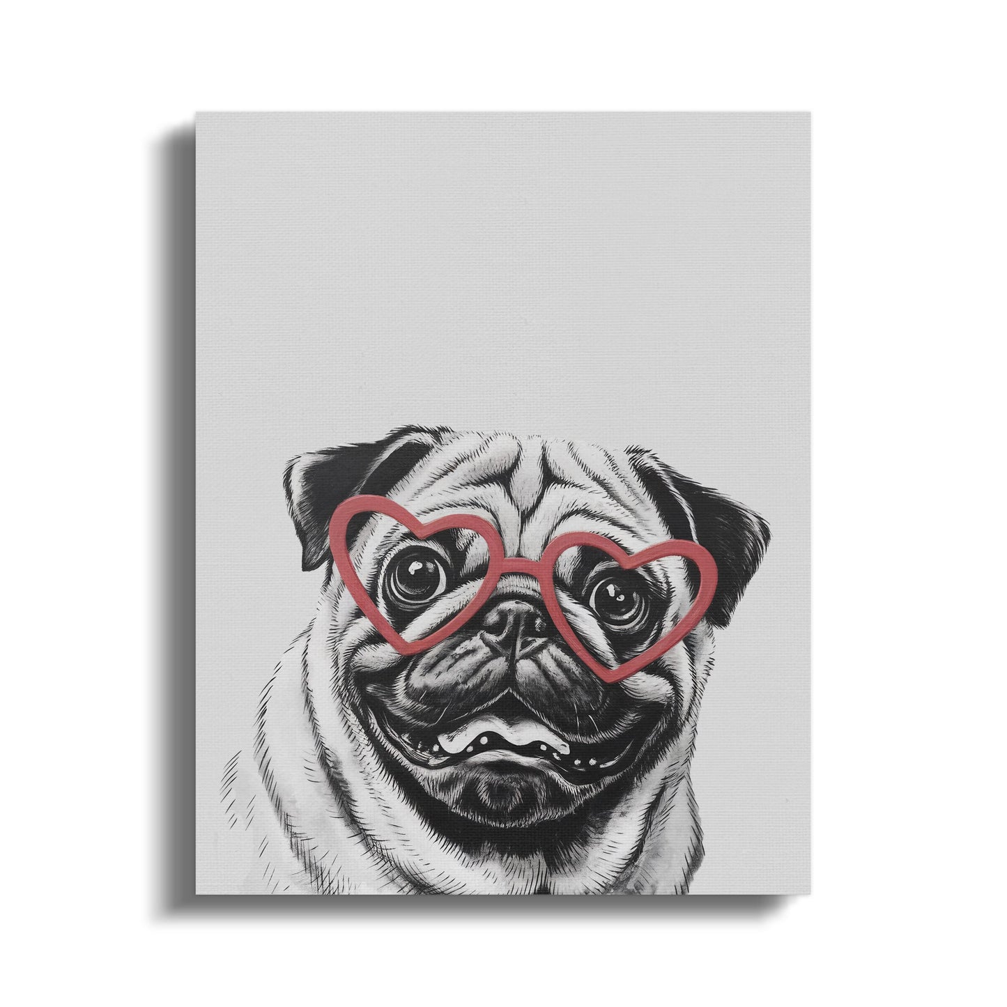 Premium Poster of Pug Dog Sketch Wearing Heart Glasses Wall Art Canvas Wraps