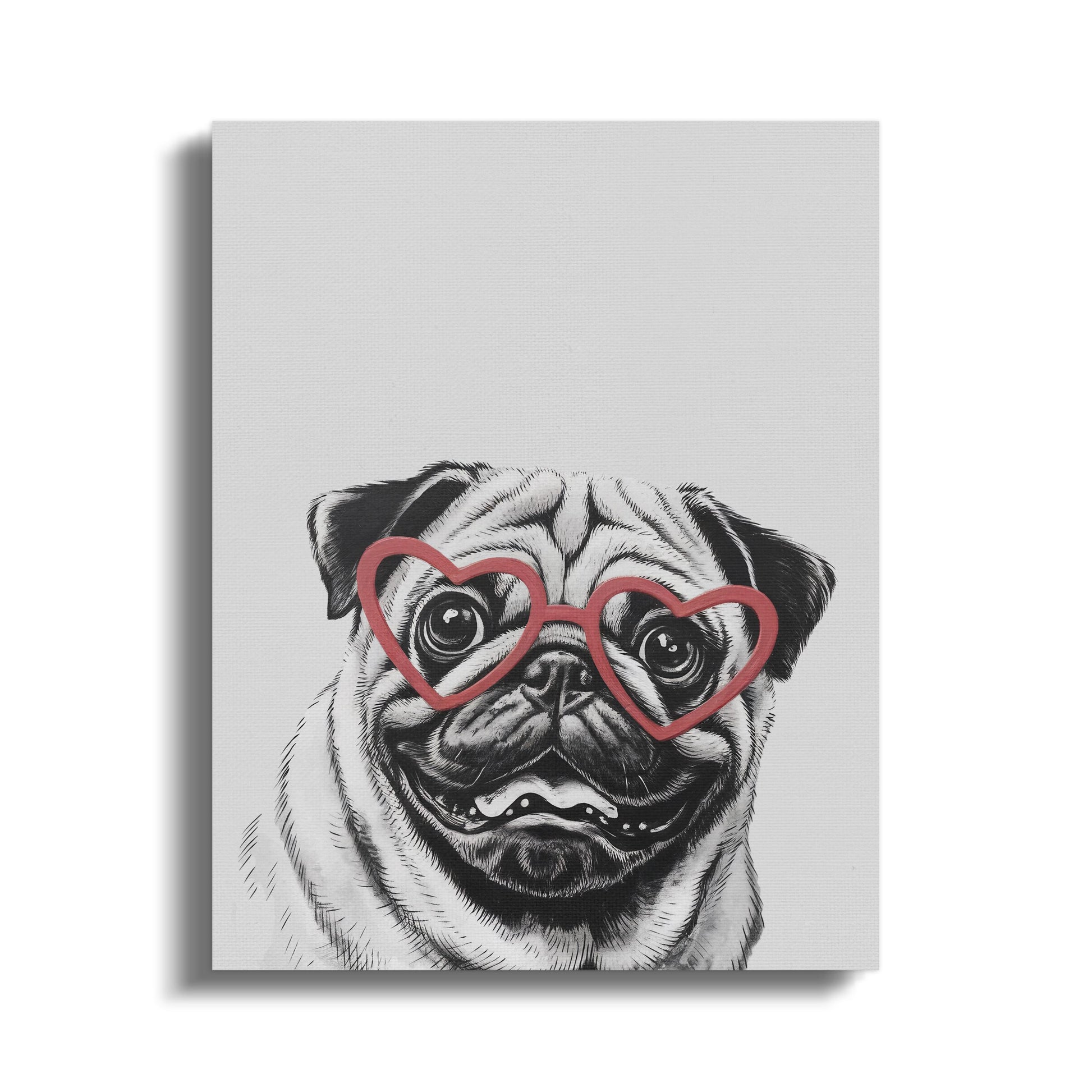 Premium Poster of Pug Dog Sketch Wearing Heart Glasses Wall Art Canvas Wraps