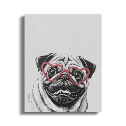 Premium Poster of Pug Dog Sketch Wearing Heart Glasses Wall Art Canvas Wraps