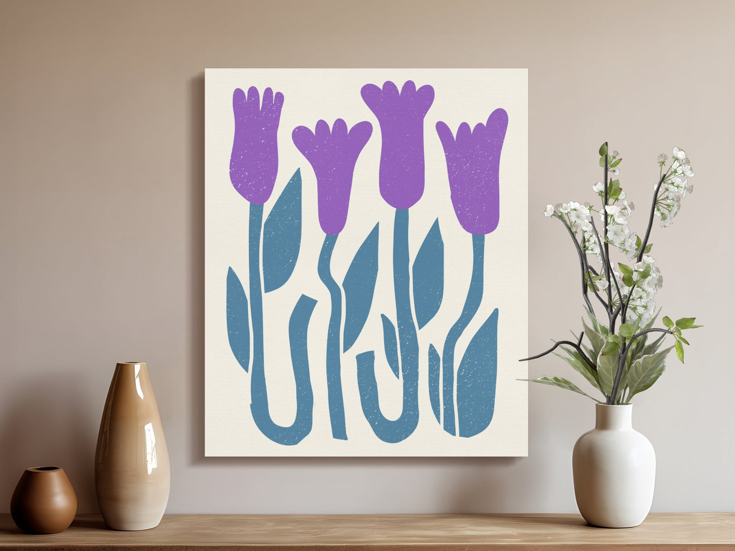 Premium Poster of Purple Flowers and Green Leaves Art Canvas Wraps