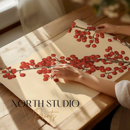 Premium Poster of Red Berries Branches Illustration Art Print Posters