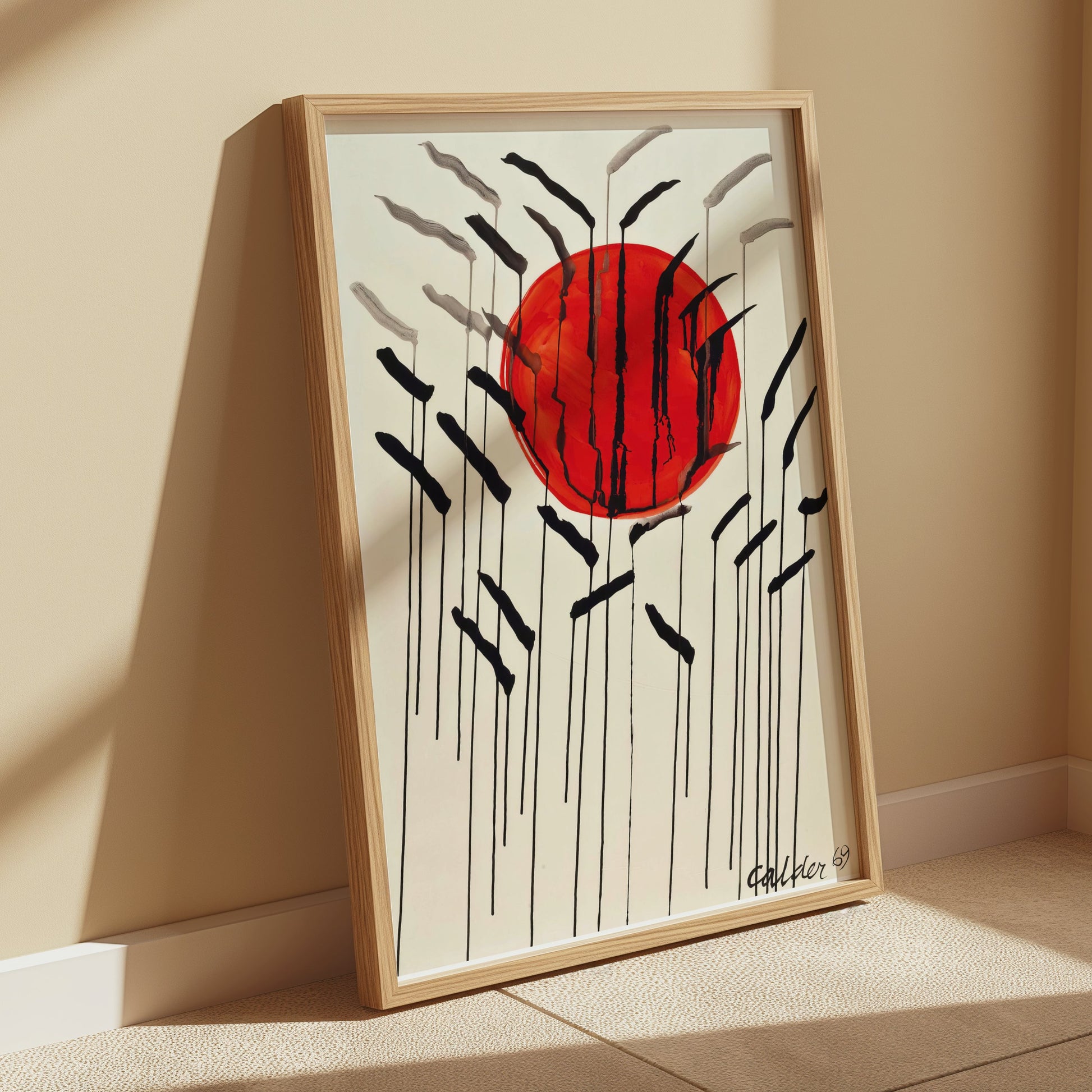 Premium Poster of Red Sun with Abstract Lines Artistic Wall Art Posters