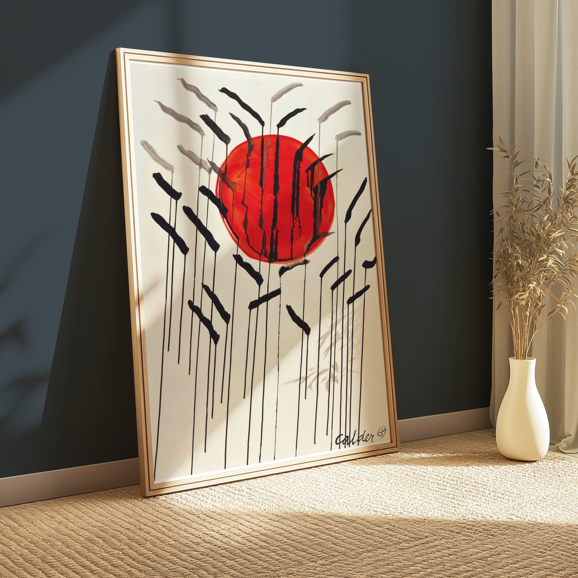 Premium Poster of Red Sun with Abstract Lines Artistic Wall Art Posters