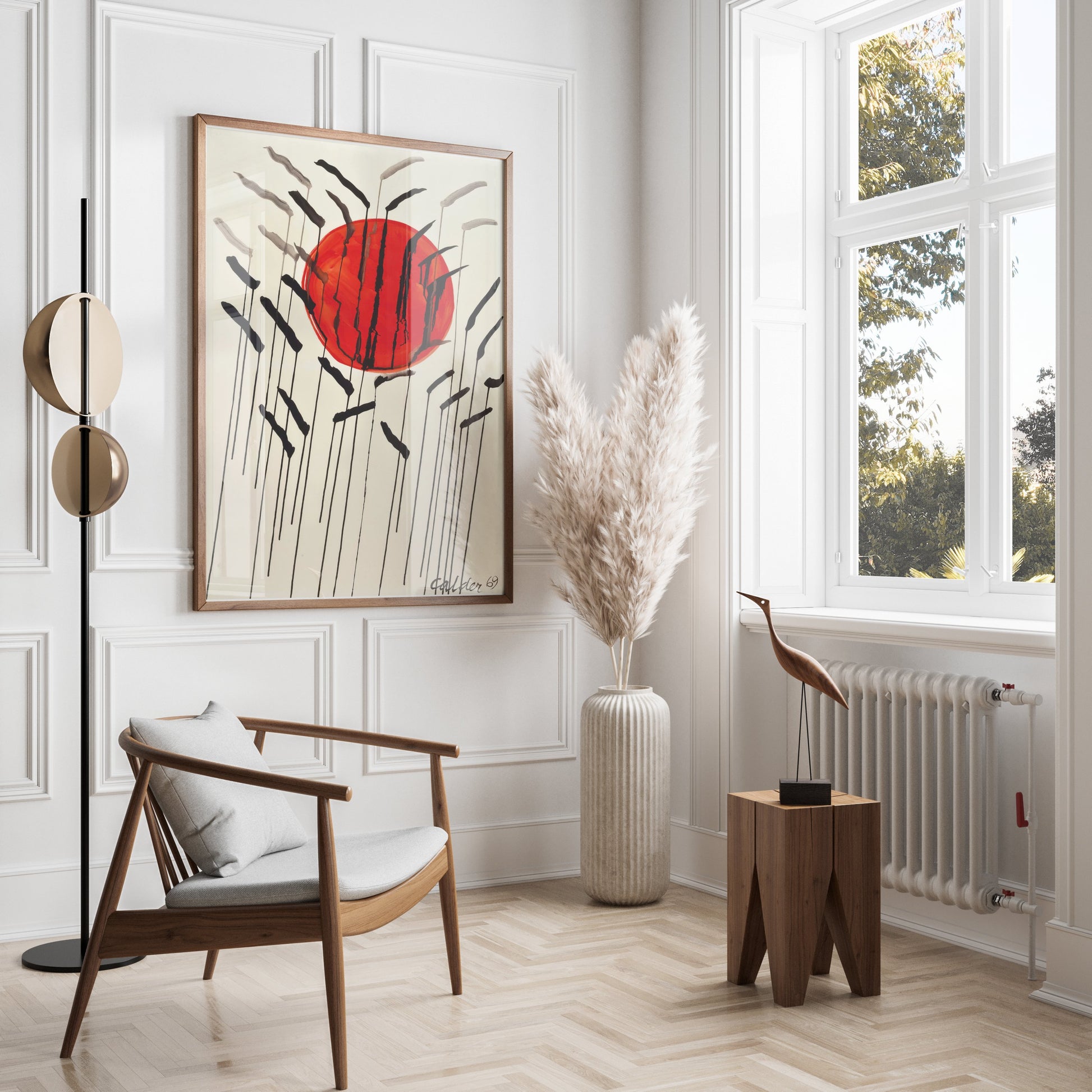 Premium Poster of Red Sun with Abstract Lines Artistic Wall Art Posters