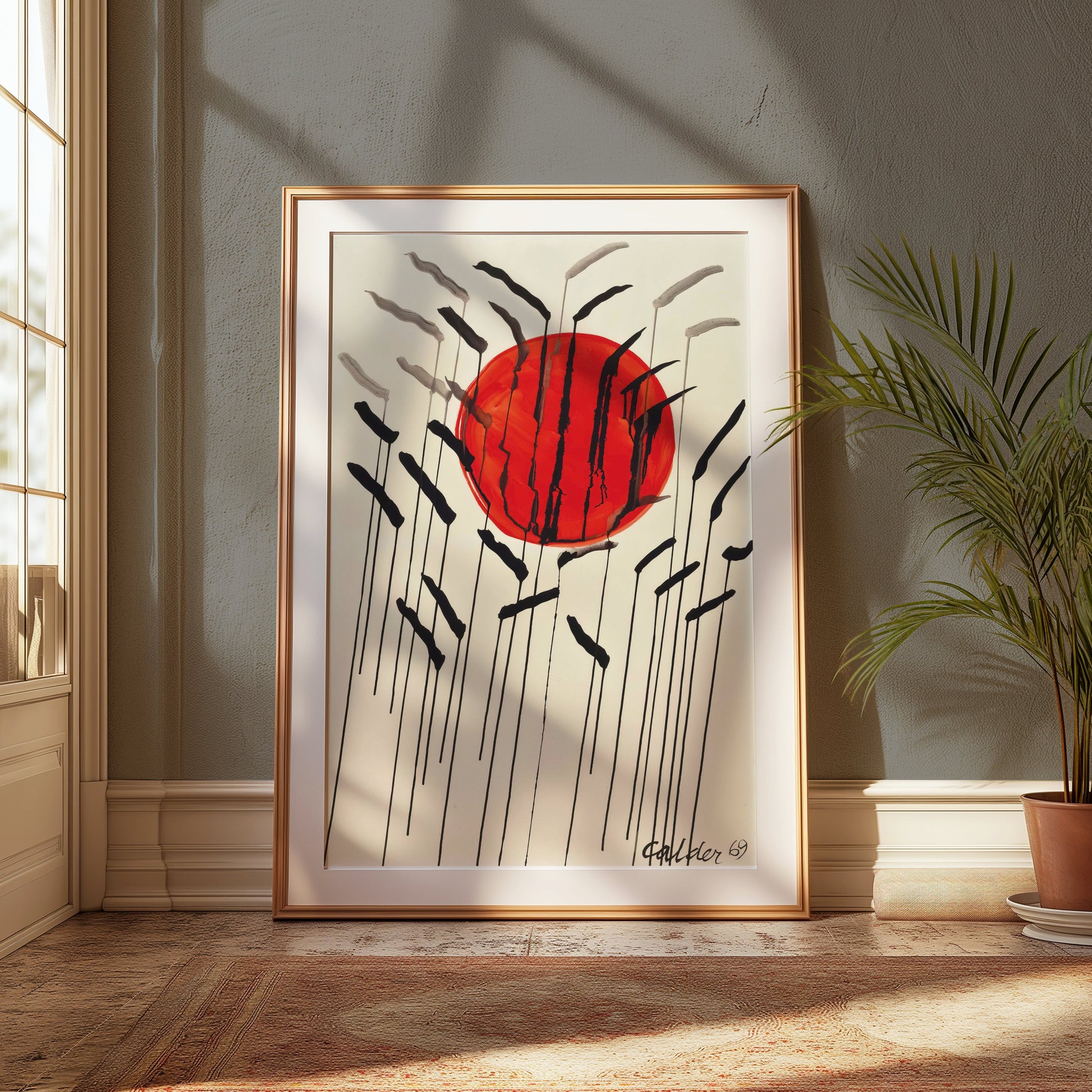 Premium Poster of Red Sun with Abstract Lines Artistic Wall Art Posters