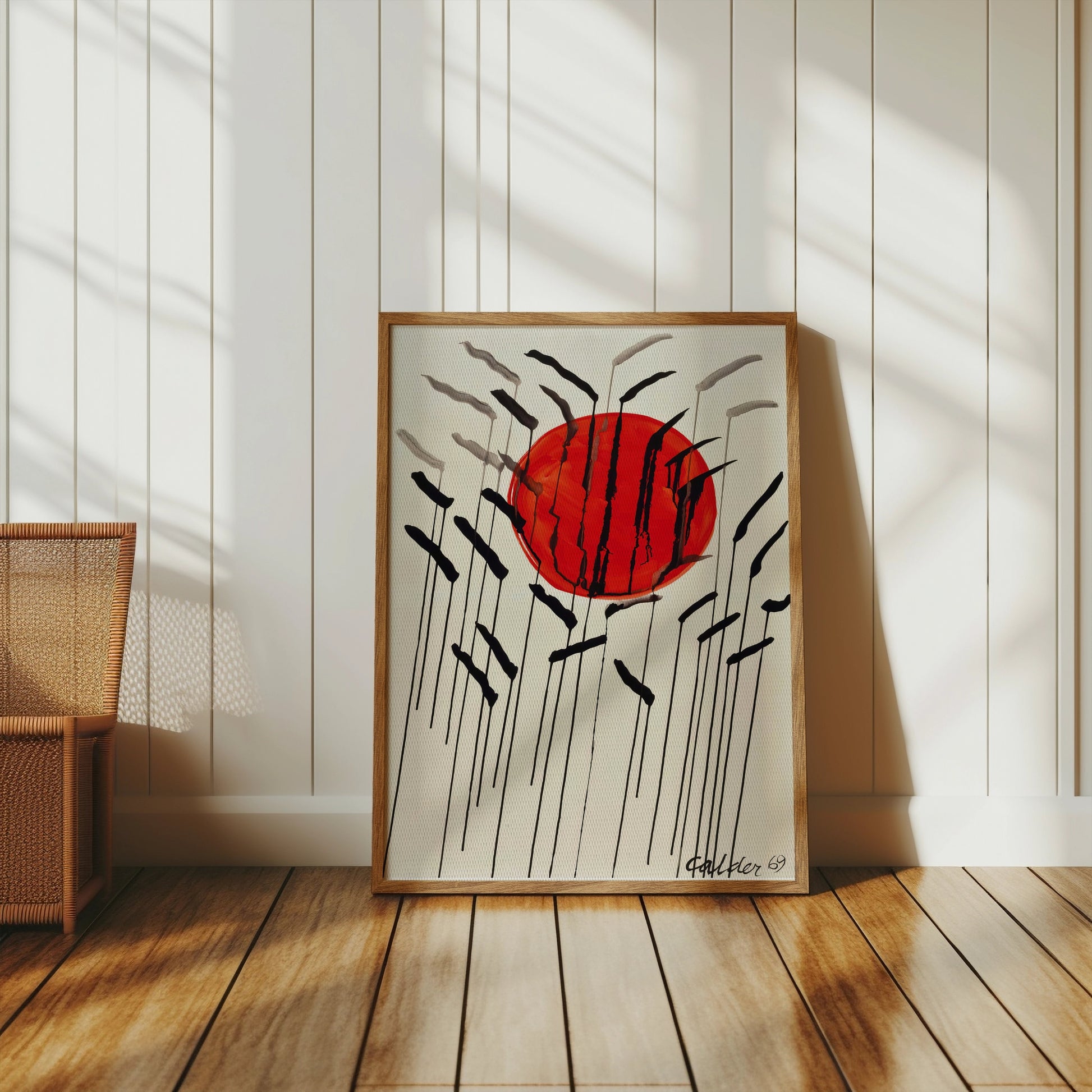 Premium Poster of Red Sun with Abstract Lines Artistic Wall Art Posters