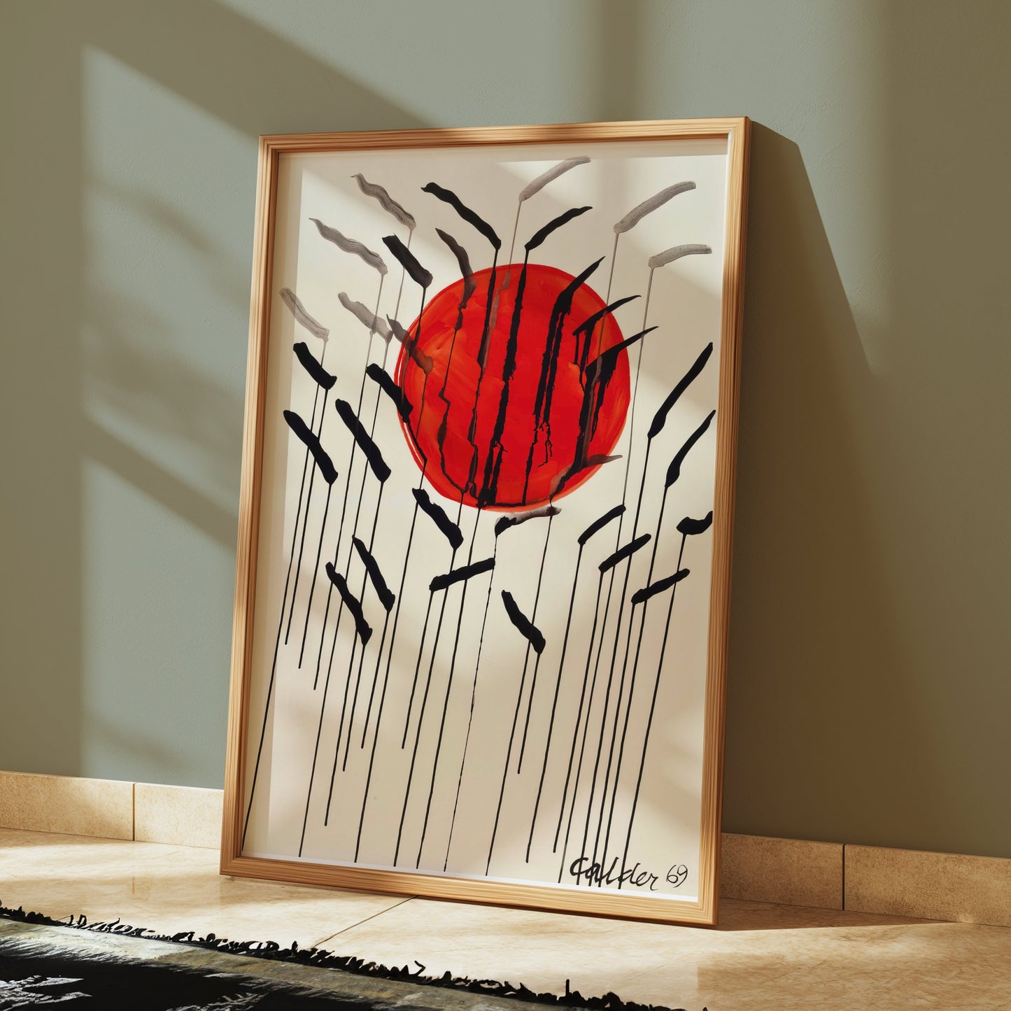 Premium Poster of Red Sun with Abstract Lines Artistic Wall Art Posters