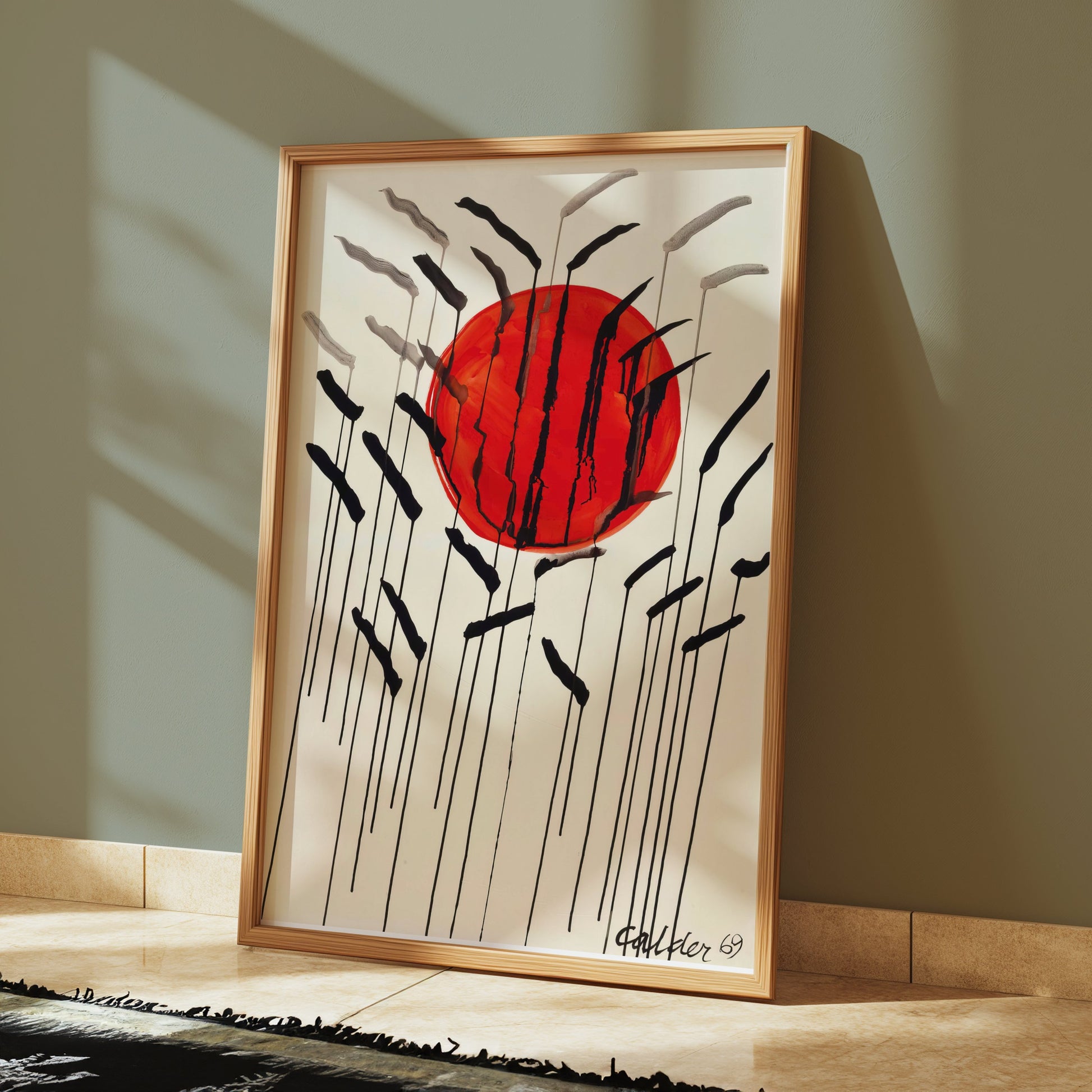Premium Poster of Red Sun with Abstract Lines Artistic Wall Art Posters
