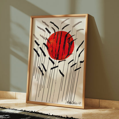 Premium Poster of Red Sun with Abstract Lines Artistic Wall Art Posters
