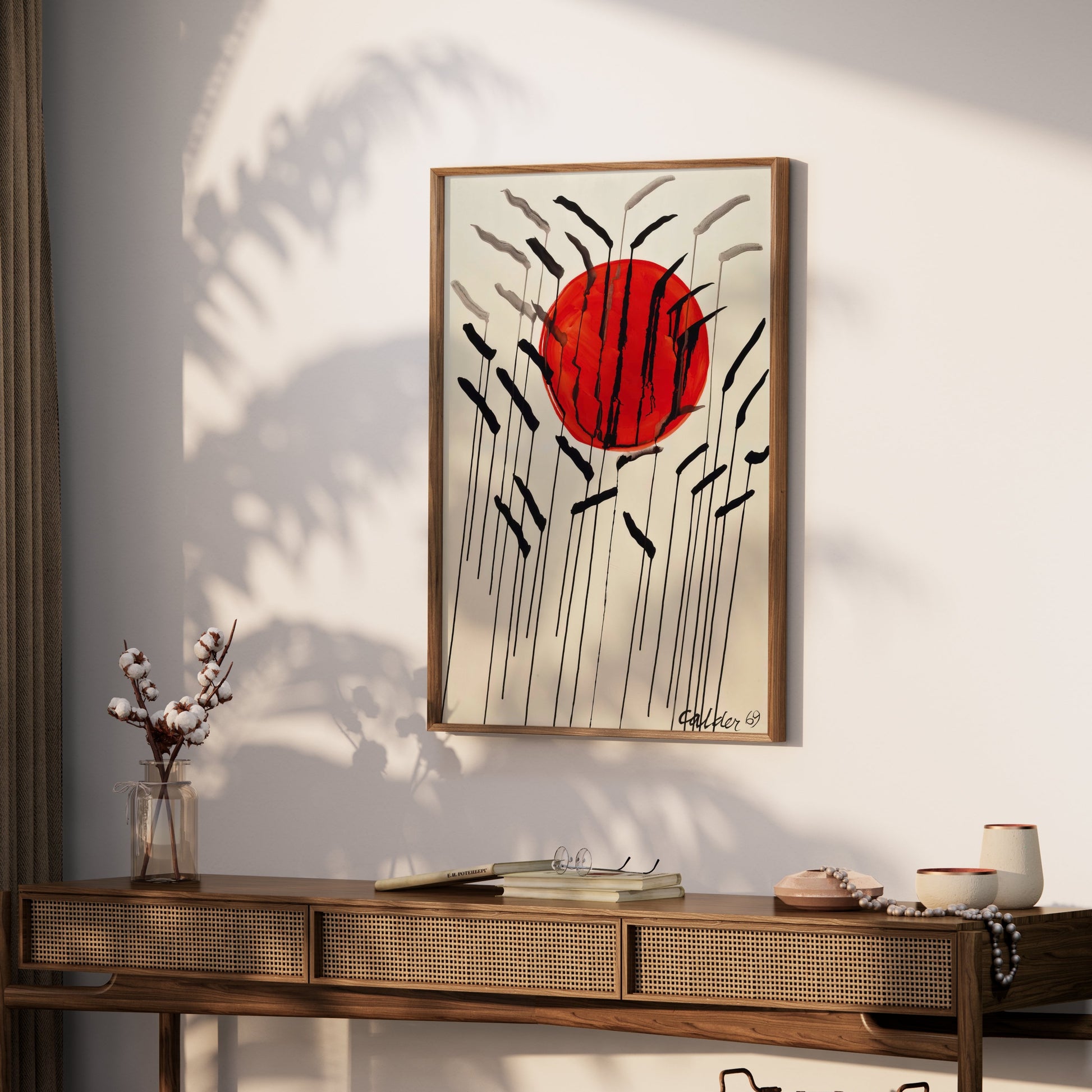 Premium Poster of Red Sun with Abstract Lines Artistic Wall Art Posters