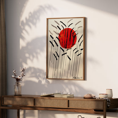 Premium Poster of Red Sun with Abstract Lines Artistic Wall Art Posters
