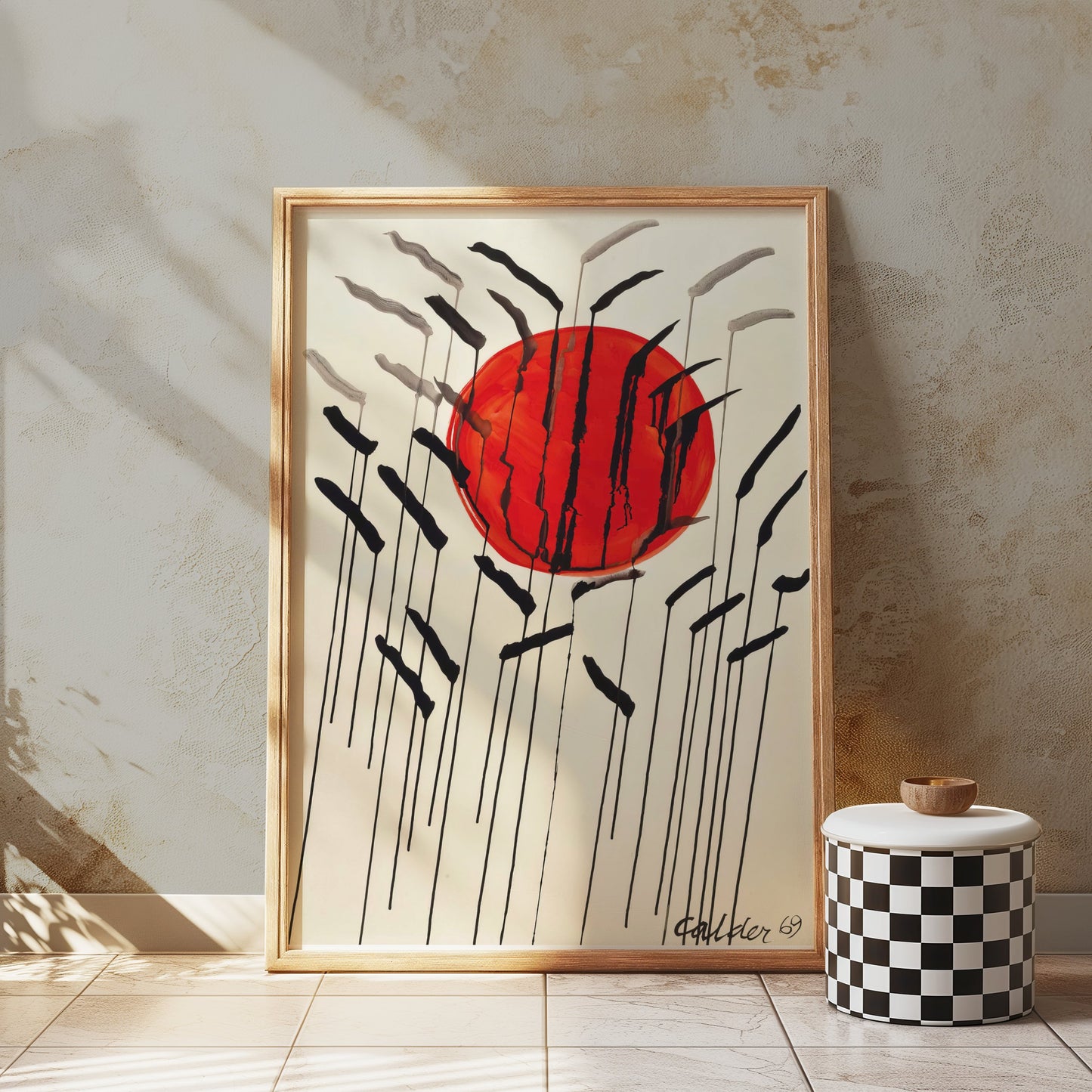 Premium Poster of Red Sun with Abstract Lines Artistic Wall Art Posters