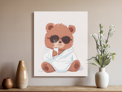 Premium Poster of Relaxed Bear with Coffee Nursery Wall Art Canvas Wraps