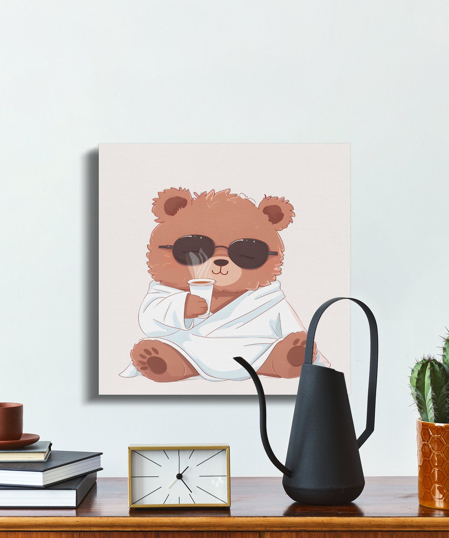 Premium Poster of Relaxed Bear with Coffee Nursery Wall Art Canvas Wraps