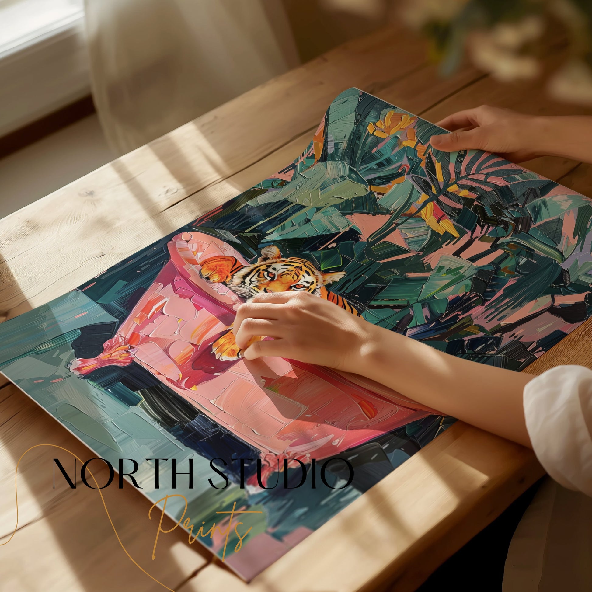 Premium Poster of Relaxing Tiger in Bathtub Vibrant Jungle Art Posters
