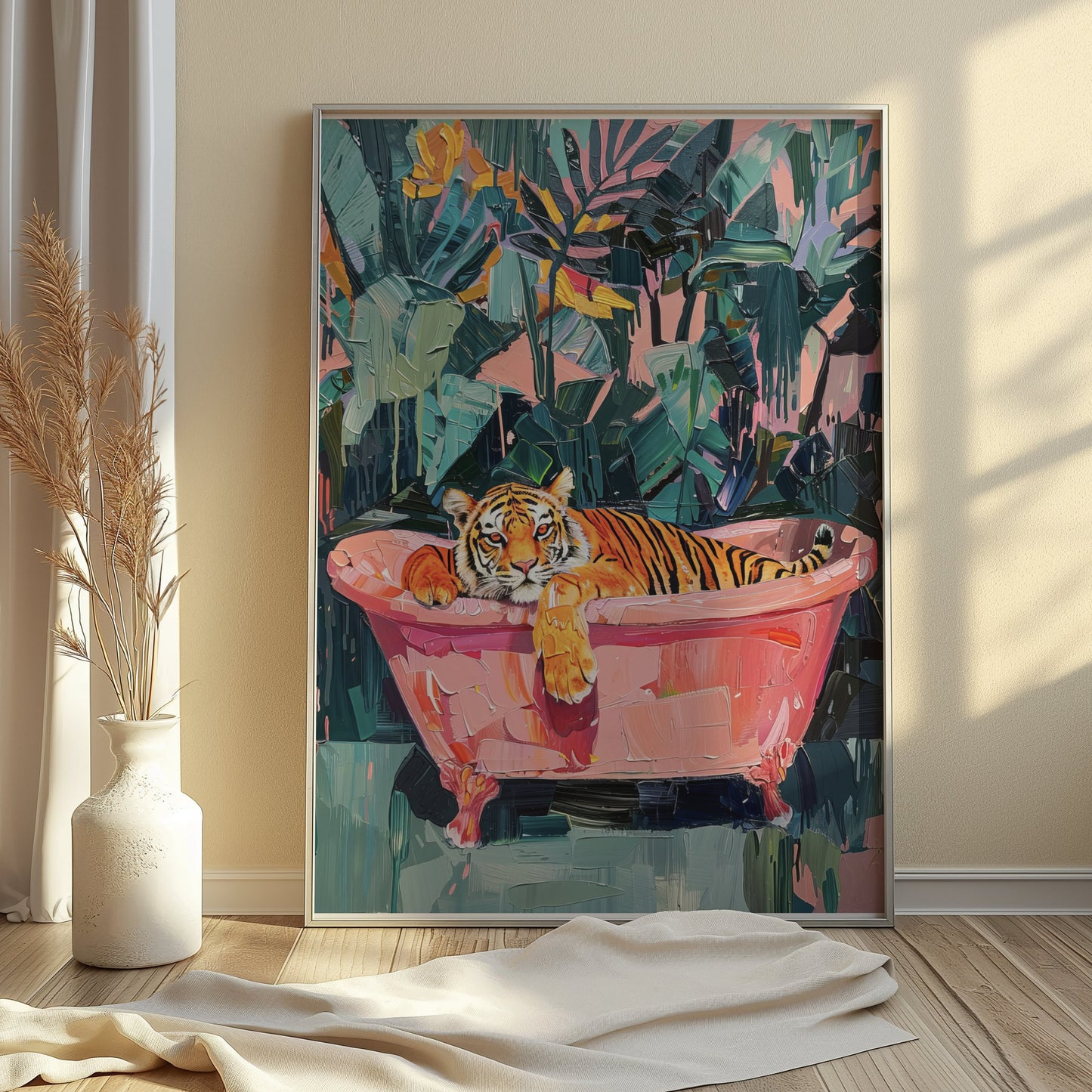 Premium Poster of Relaxing Tiger in Bathtub Vibrant Jungle Art Posters