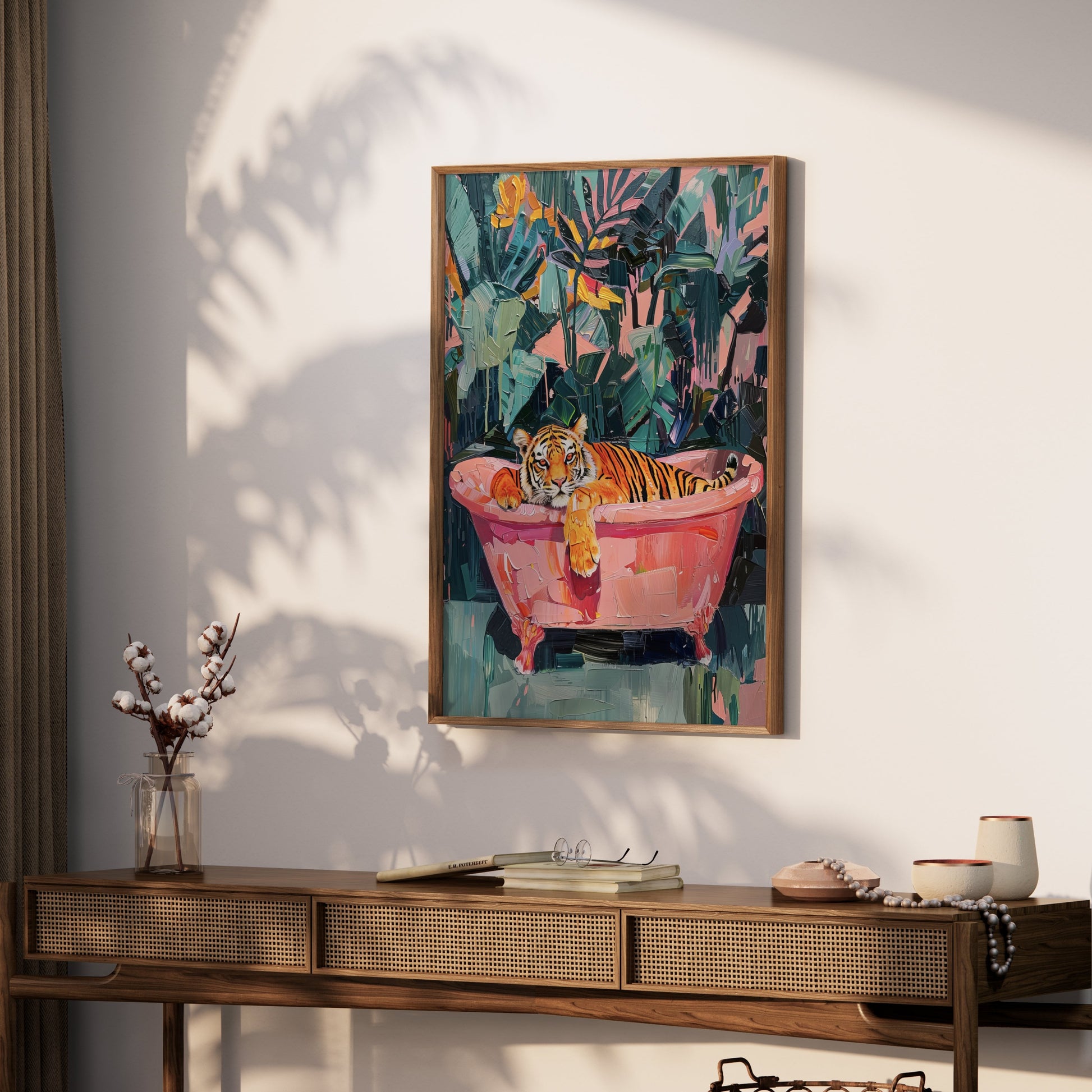 Premium Poster of Relaxing Tiger in Bathtub Vibrant Jungle Art Posters