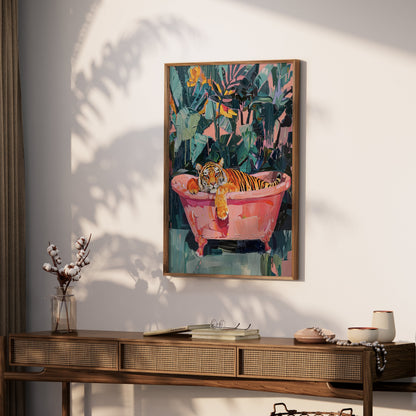 Premium Poster of Relaxing Tiger in Bathtub Vibrant Jungle Art Posters