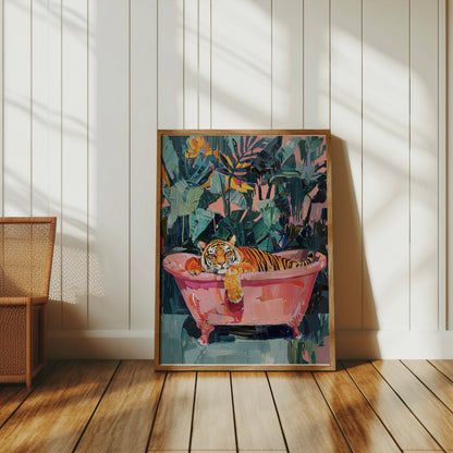 Premium Poster of Relaxing Tiger in Bathtub Vibrant Jungle Art Posters