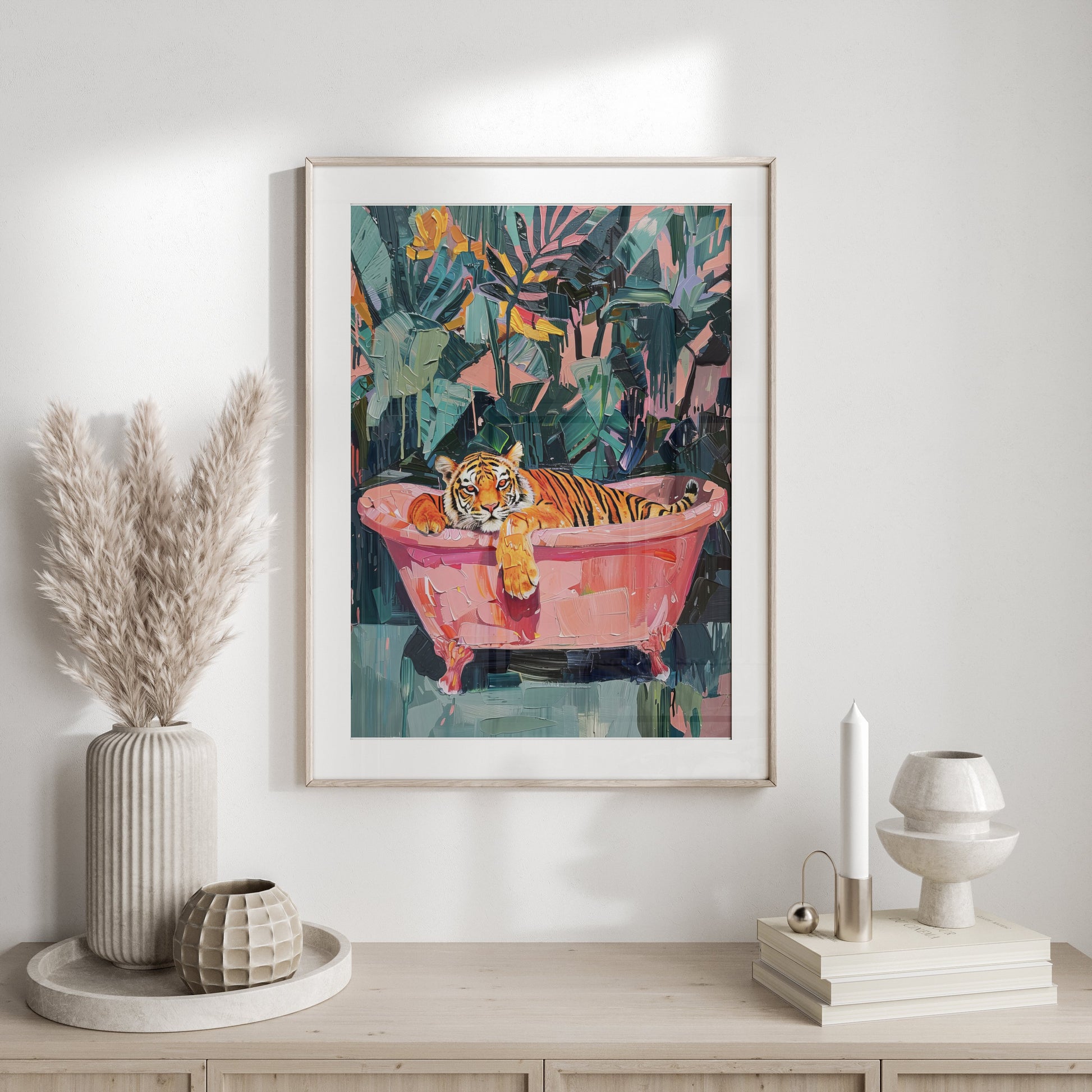 Premium Poster of Relaxing Tiger in Bathtub Vibrant Jungle Art Posters
