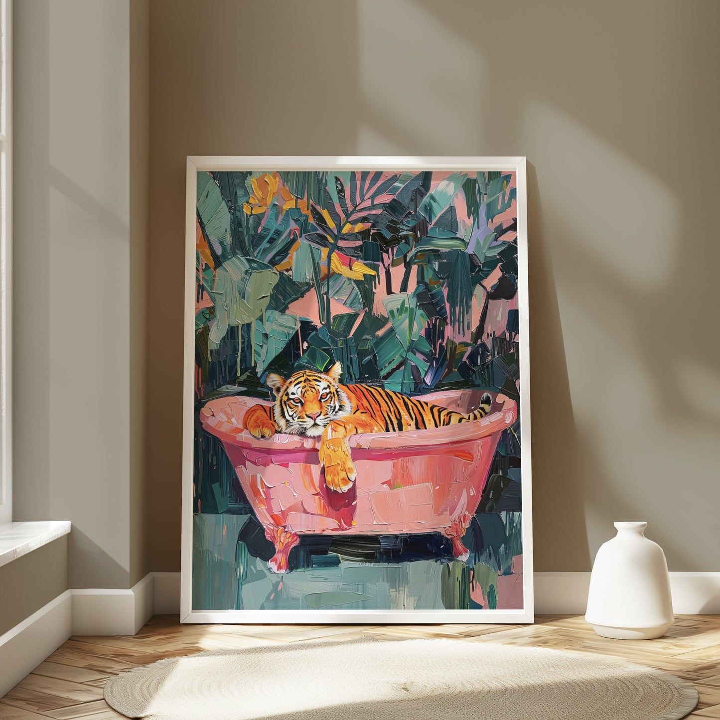 Premium Poster of Relaxing Tiger in Bathtub Vibrant Jungle Art Posters